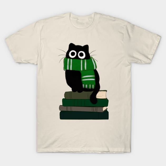 cat with green scarf on book stack T-Shirt by Hanneliza